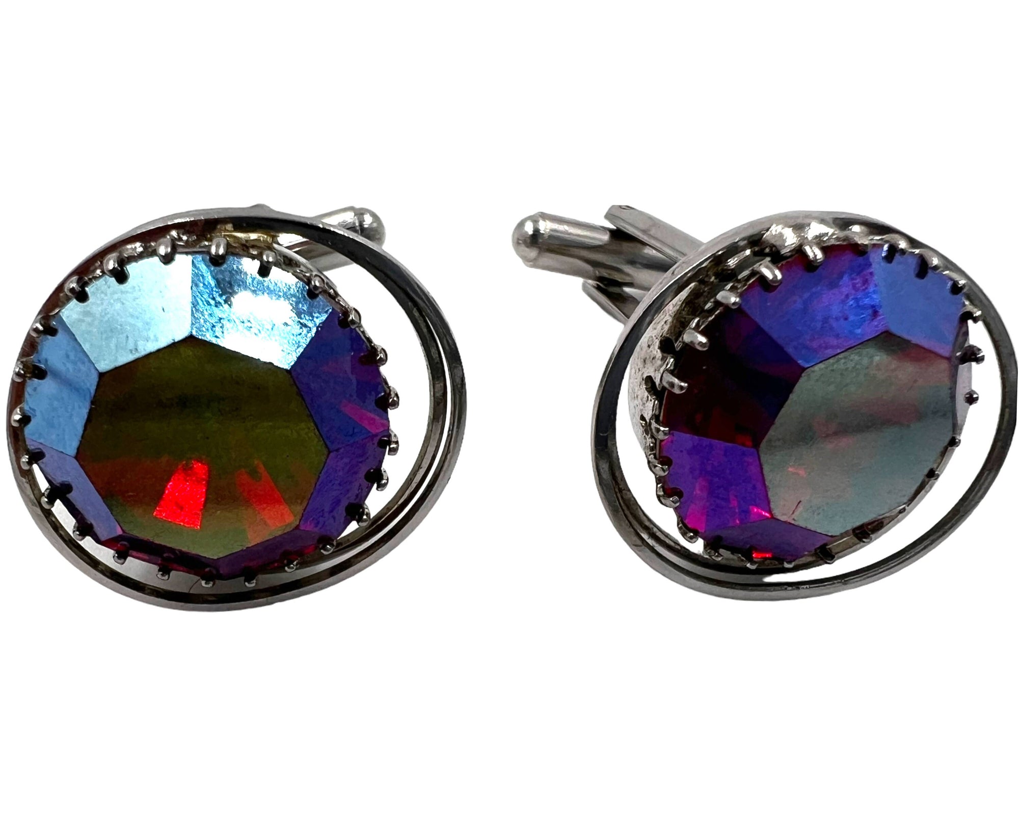 Vintage Reflective Red Rhinestone Cufflinks Silver Tone Setting - Poppy's Vintage Clothing