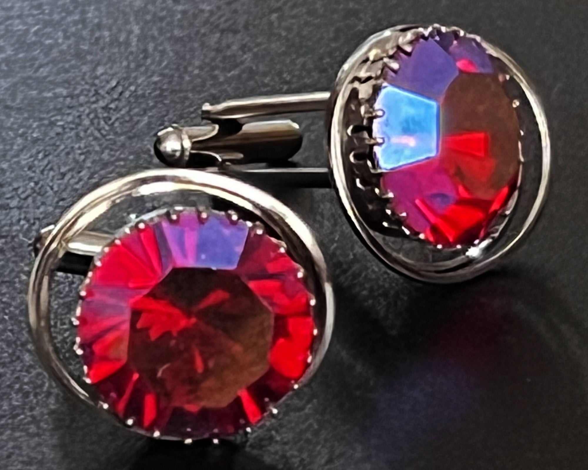 Vintage Reflective Red Rhinestone Cufflinks Silver Tone Setting - Poppy's Vintage Clothing