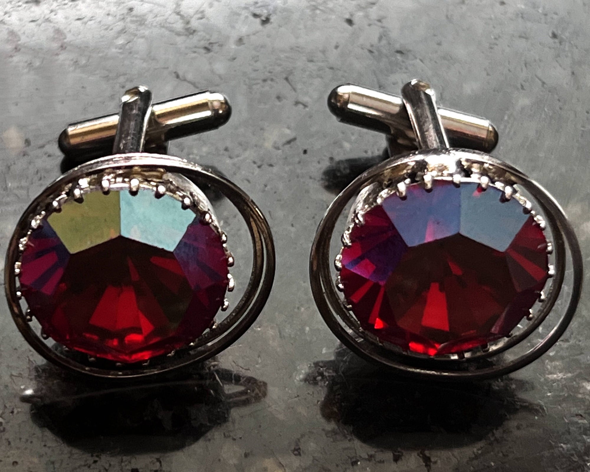 Vintage Reflective Red Rhinestone Cufflinks Silver Tone Setting - Poppy's Vintage Clothing