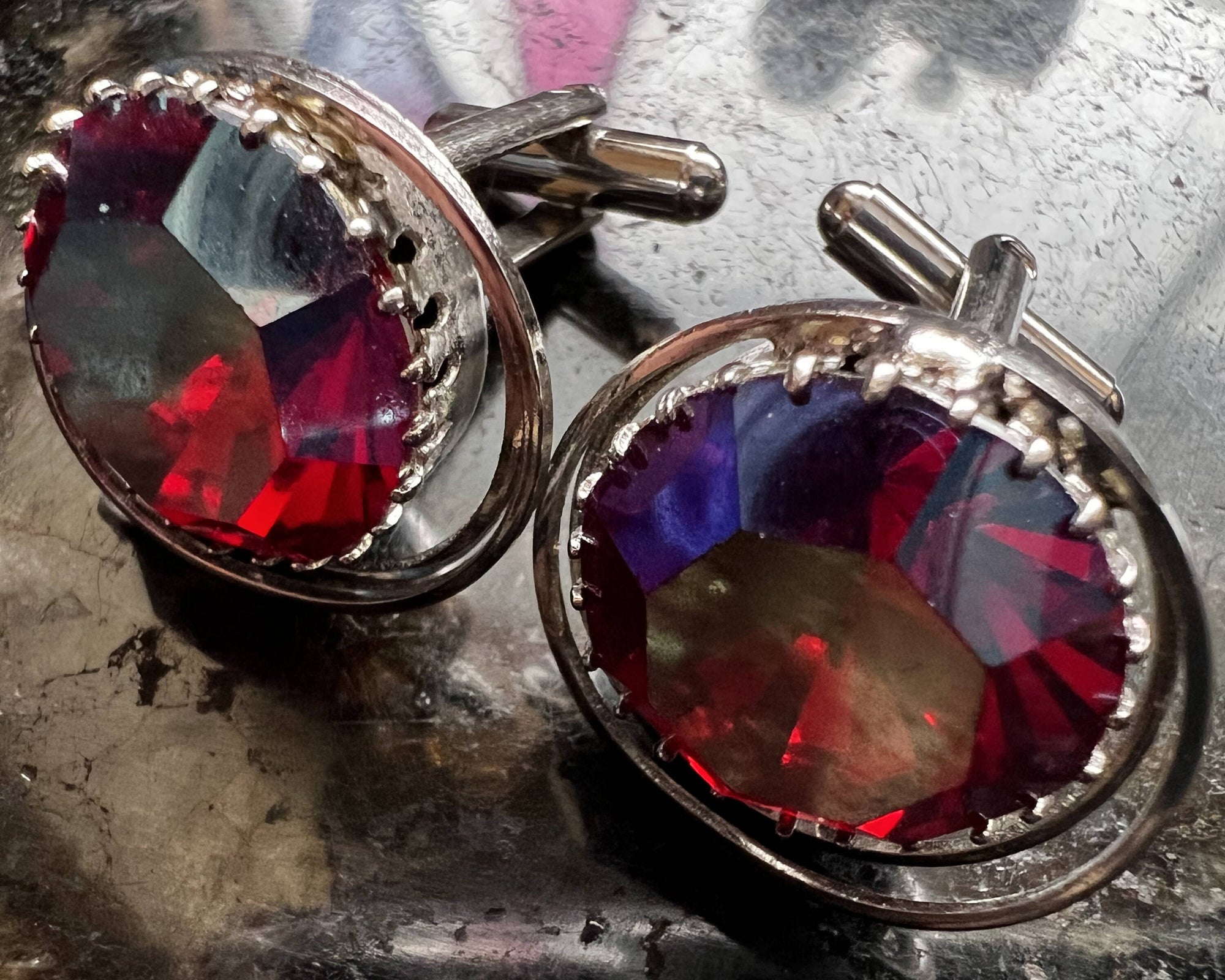 Vintage Reflective Red Rhinestone Cufflinks Silver Tone Setting - Poppy's Vintage Clothing