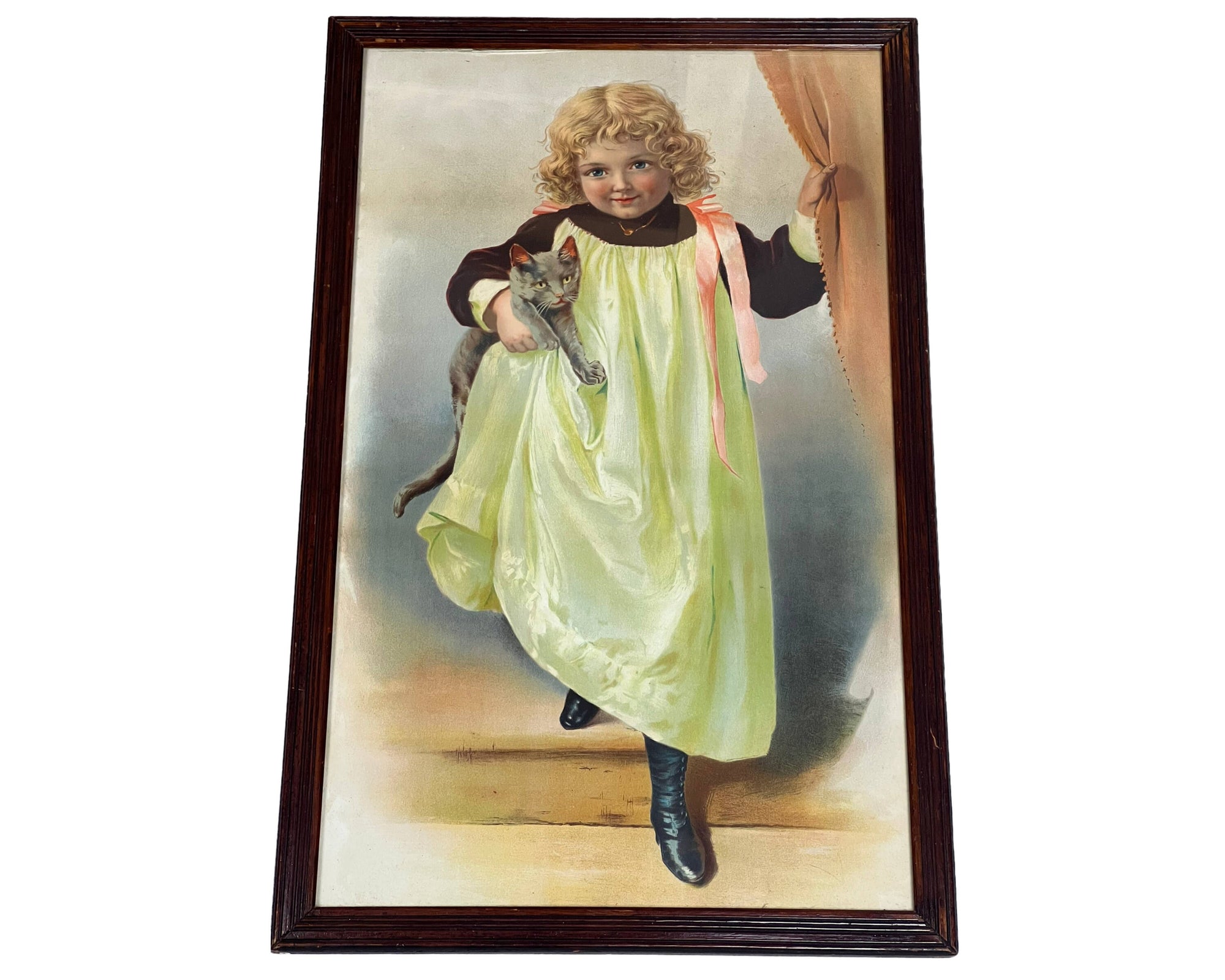 Large Antique Chromolitho Print Girl Holding Cat Victorian Era 16x25 - Poppy's Vintage Clothing