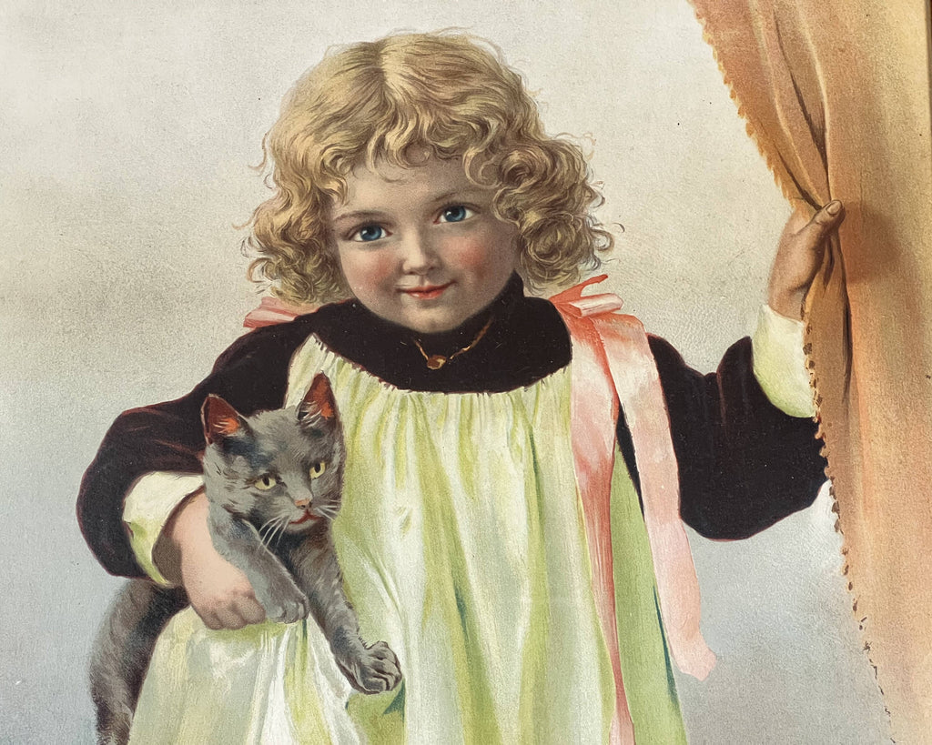 Large Antique Chromolitho Print Girl Holding Cat Victorian Era 16x25 - Poppy's Vintage Clothing