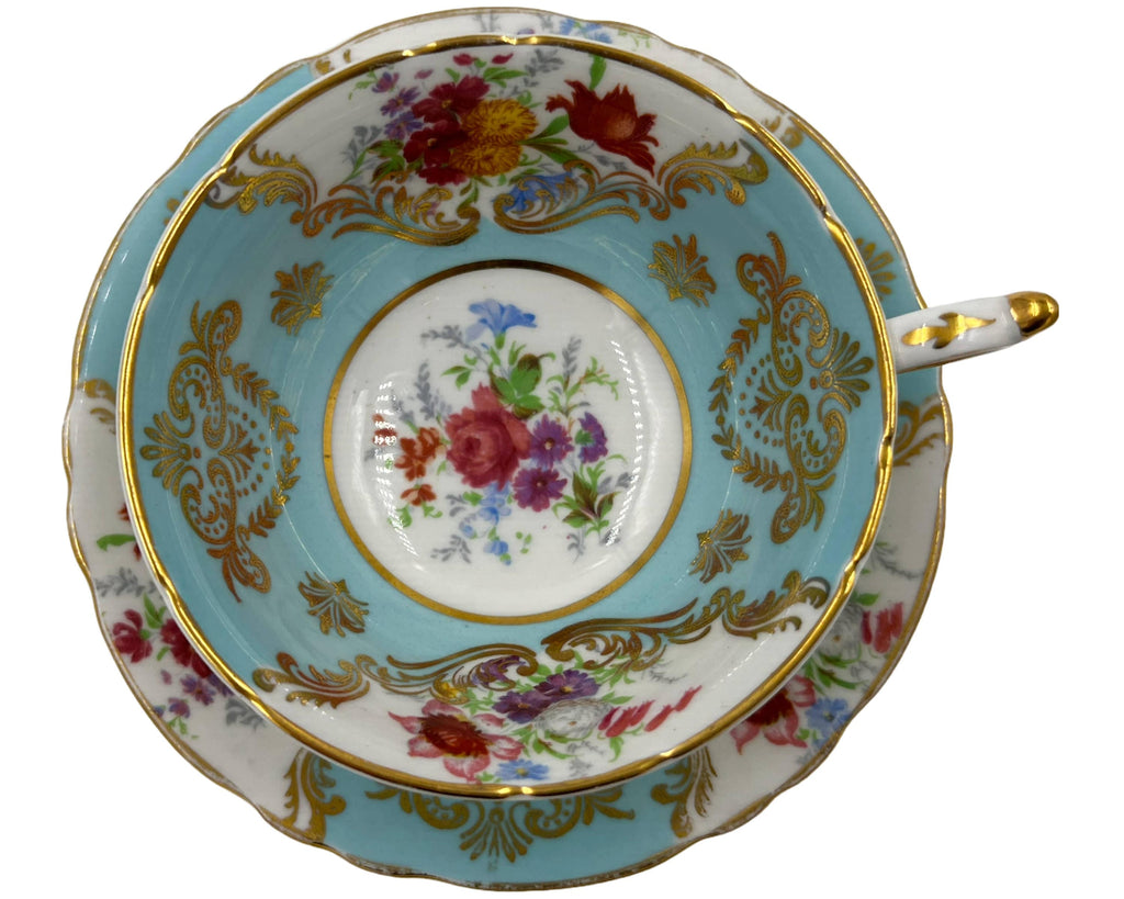 Vintage Paragon Bone China Cup and Saucer Floral Spray Blue & Gold A 3974 - Poppy's Vintage Clothing