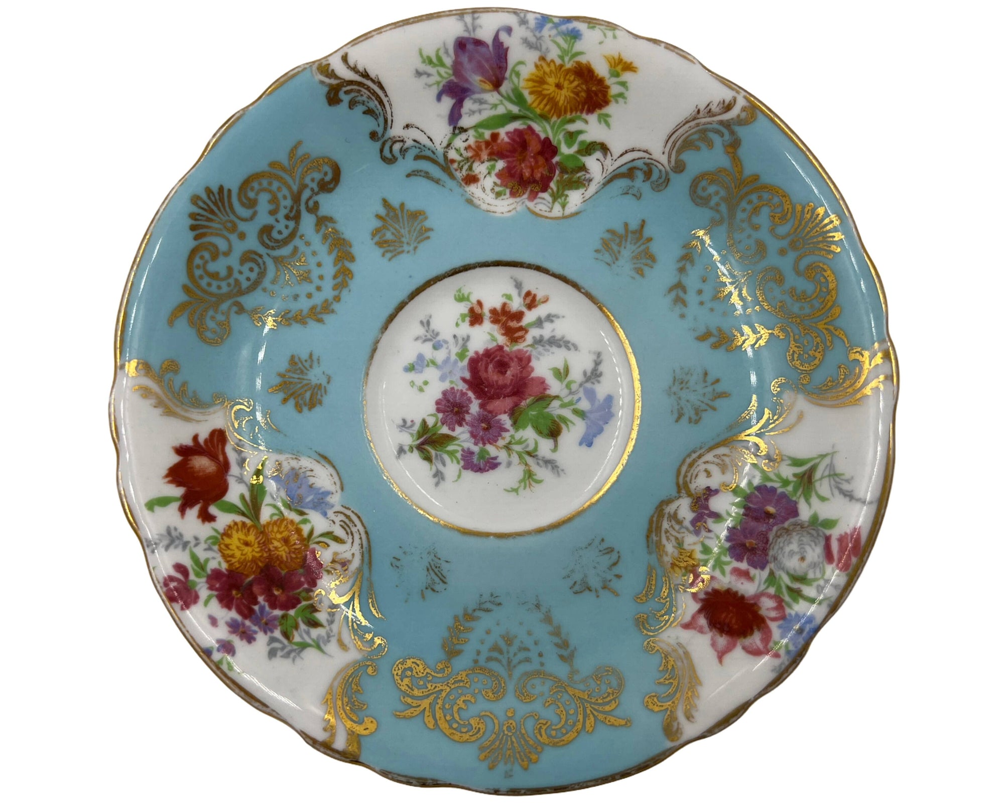 Vintage Paragon Bone China Cup and Saucer Floral Spray Blue & Gold A 3974 - Poppy's Vintage Clothing