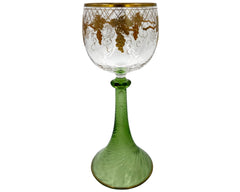 Antique Moser Roemer Hock Wine Glass Green Spiral Conical Stem Gold Grape Bowl - Poppy's Vintage Clothing