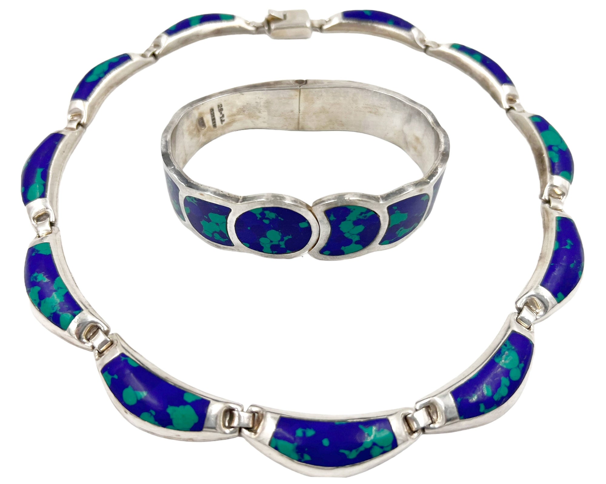 Modernist Mexican 950 Silver Necklace & Clamper Bracelet Azurite w Malachite VFG - Poppy's Vintage Clothing