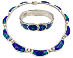 Modernist Mexican 950 Silver Necklace & Clamper Bracelet Azurite w Malachite VFG - Poppy's Vintage Clothing