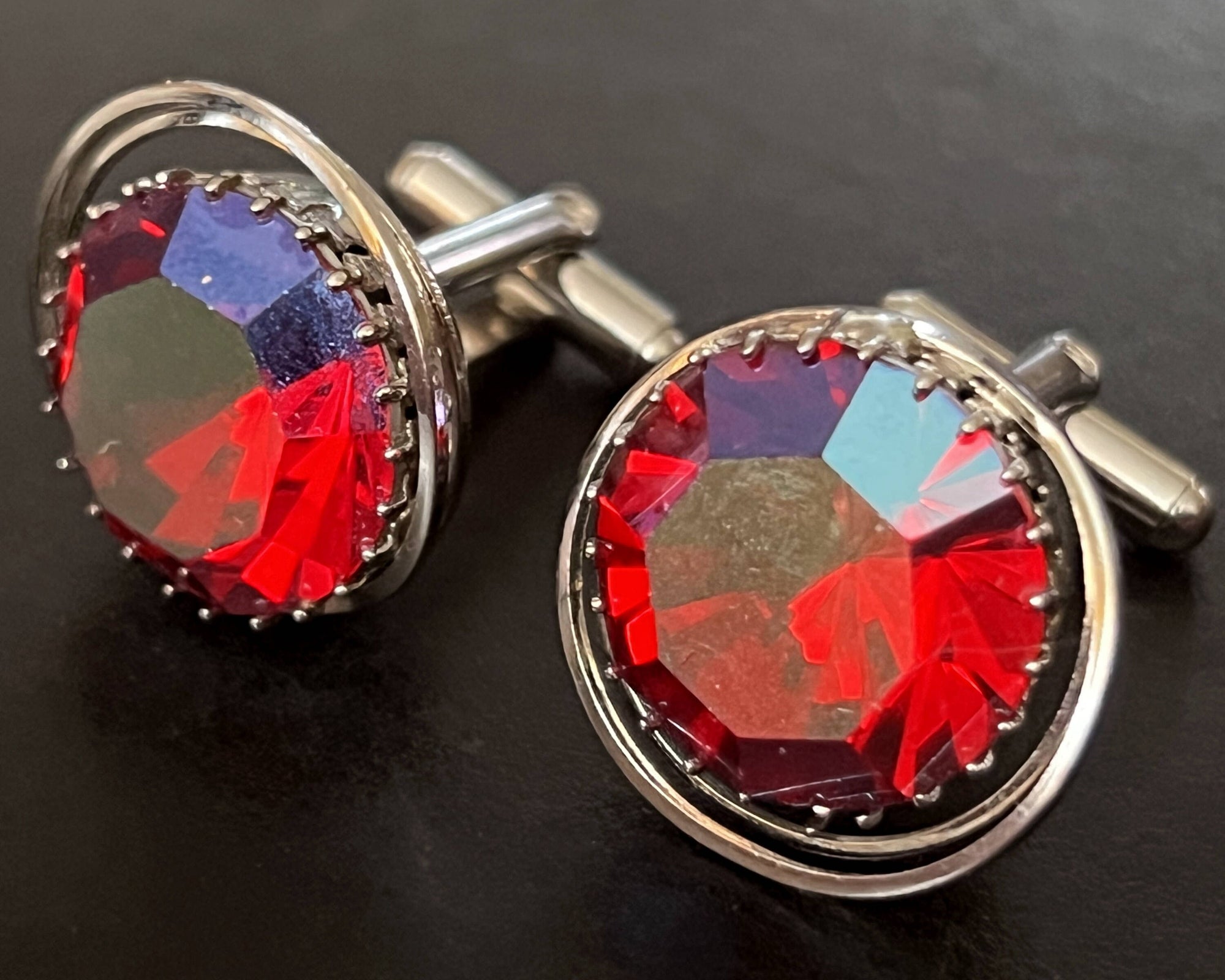 Vintage Reflective Red Rhinestone Cufflinks Silver Tone Setting - Poppy's Vintage Clothing
