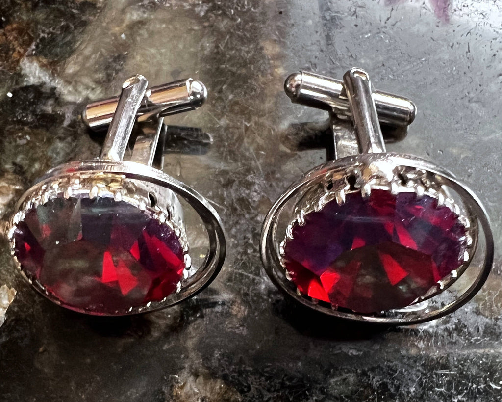 Vintage Reflective Red Rhinestone Cufflinks Silver Tone Setting - Poppy's Vintage Clothing