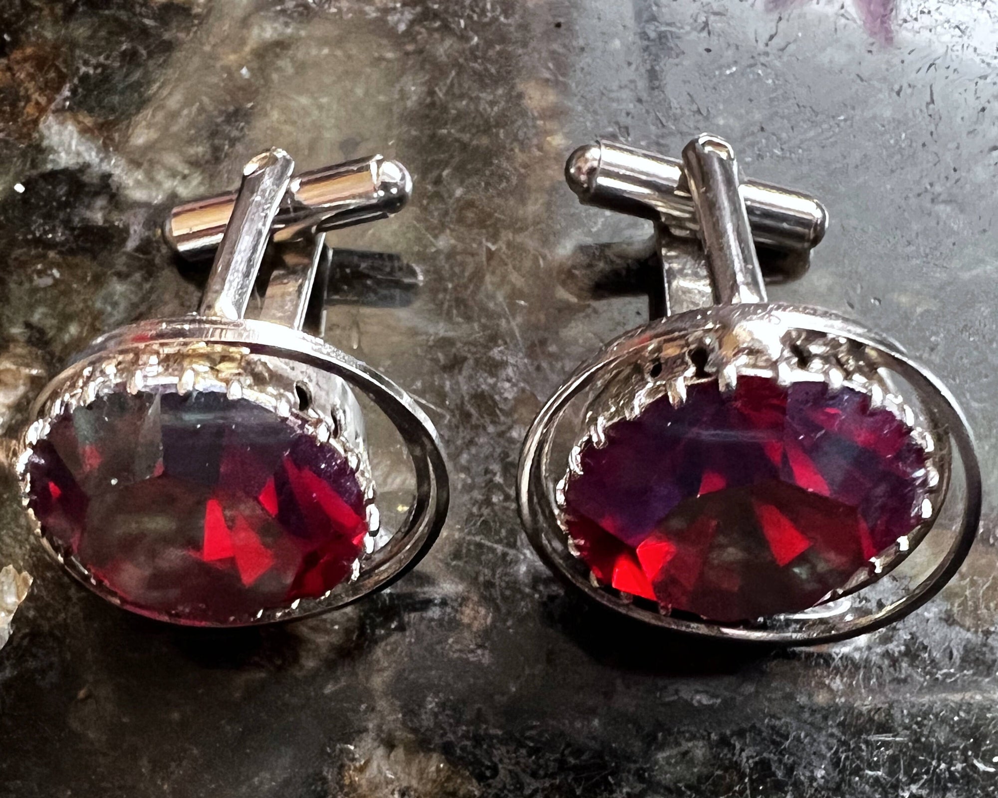 Vintage Reflective Red Rhinestone Cufflinks Silver Tone Setting - Poppy's Vintage Clothing