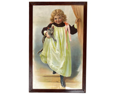 Large Antique Chromolitho Print Girl Holding Cat Victorian Era 16x25 - Poppy's Vintage Clothing