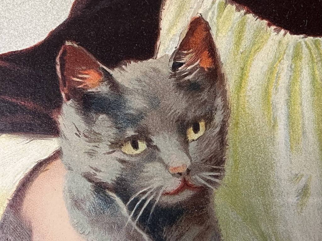 Large Antique Chromolitho Print Girl Holding Cat Victorian Era 16x25 - Poppy's Vintage Clothing