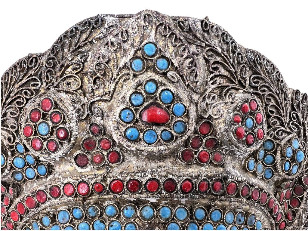 Antique Tibetan Buddhist Mahakala Mask Brass Filigree w Coral Turquoise Onyx - Poppy's Vintage Clothing