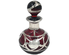 American Art Nouveau Perfume Bottle Steuben Red Glass w Sterling Silver Overlay Alvin Mfg - Poppy's Vintage Clothing