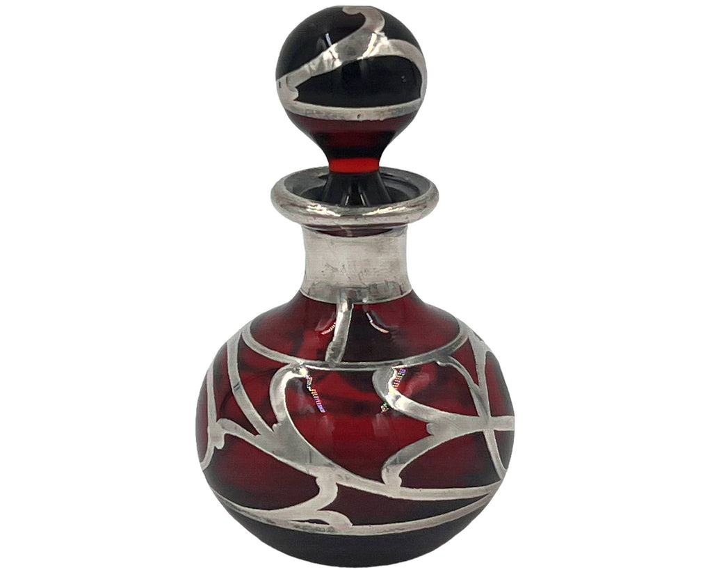 American Art Nouveau Perfume Bottle Steuben Red Glass w Sterling Silver Overlay Alvin Mfg - Poppy's Vintage Clothing