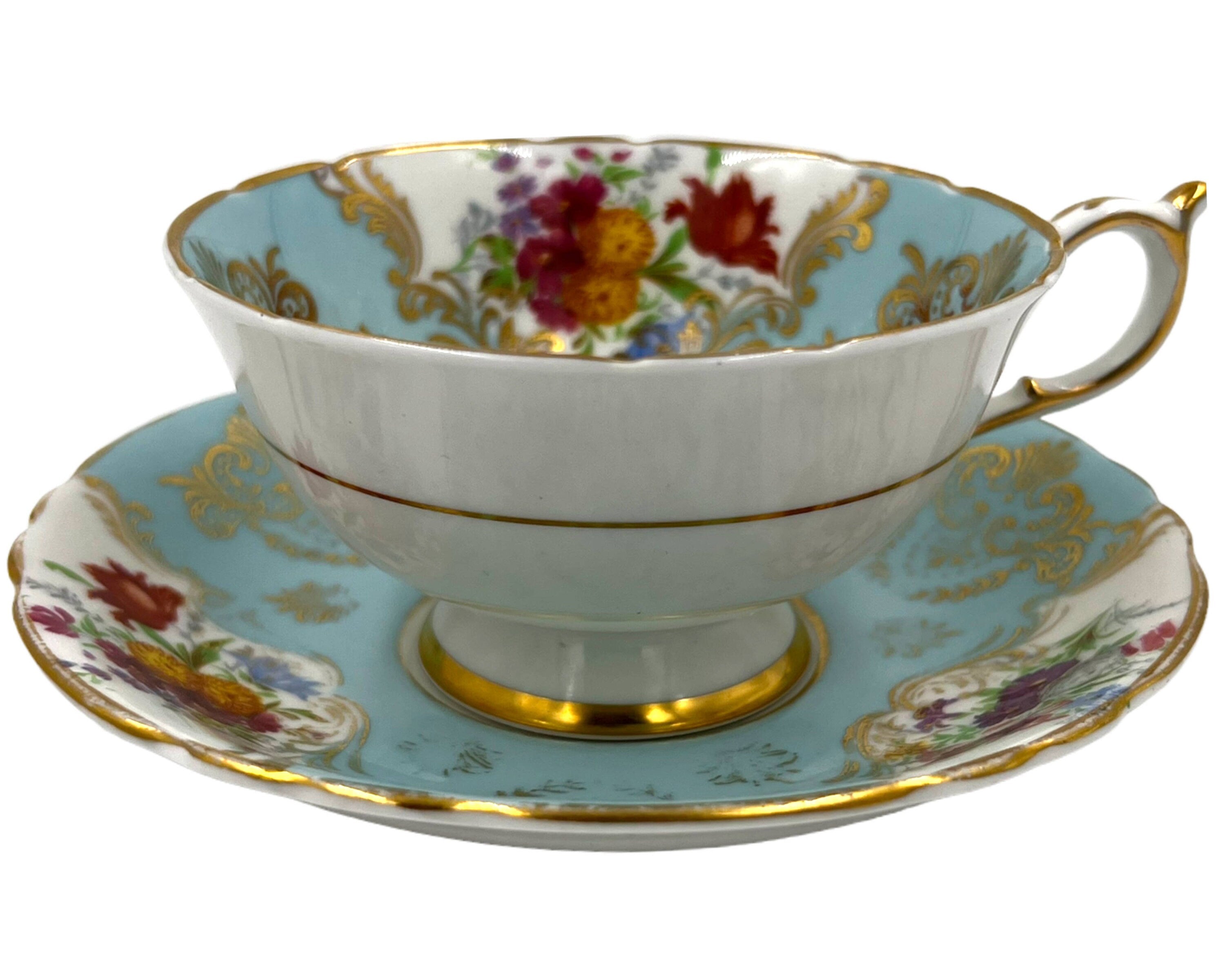 Vintage Paragon Bone China Cup and Saucer Floral Spray Blue & Gold