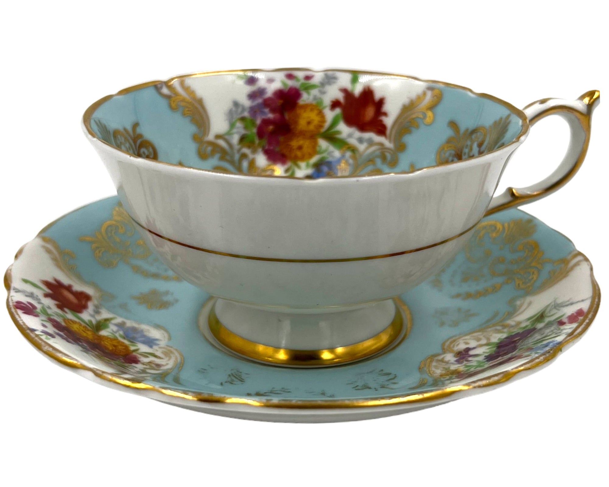 Vintage Paragon Bone China Cup and Saucer Floral Spray Blue & Gold A 3974 - Poppy's Vintage Clothing