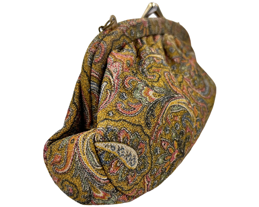 Vintage 1960s Evening Bag Woven Metallic Paisley Purse - VFG - Poppy's Vintage Clothing