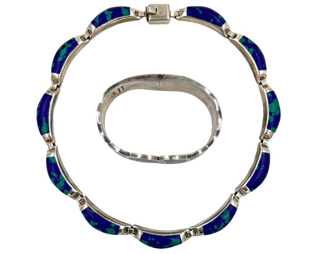 Modernist Mexican 950 Silver Necklace & Clamper Bracelet Azurite w Malachite VFG - Poppy's Vintage Clothing