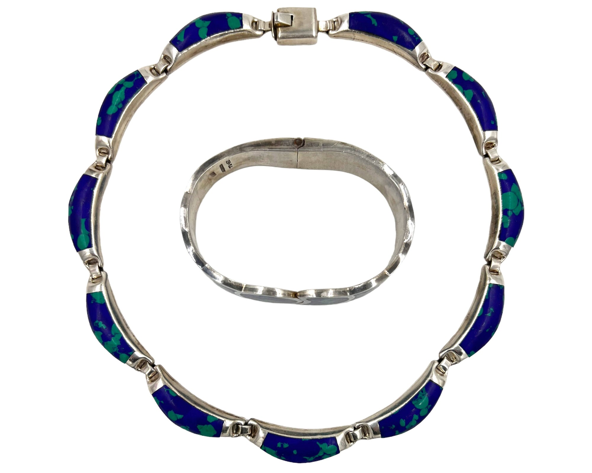 Modernist Mexican 950 Silver Necklace & Clamper Bracelet Azurite w Malachite VFG - Poppy's Vintage Clothing