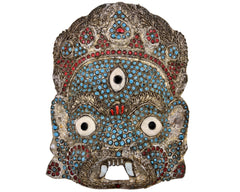 Antique Tibetan Buddhist Mahakala Mask Brass Filigree w Coral Turquoise Onyx - Poppy's Vintage Clothing