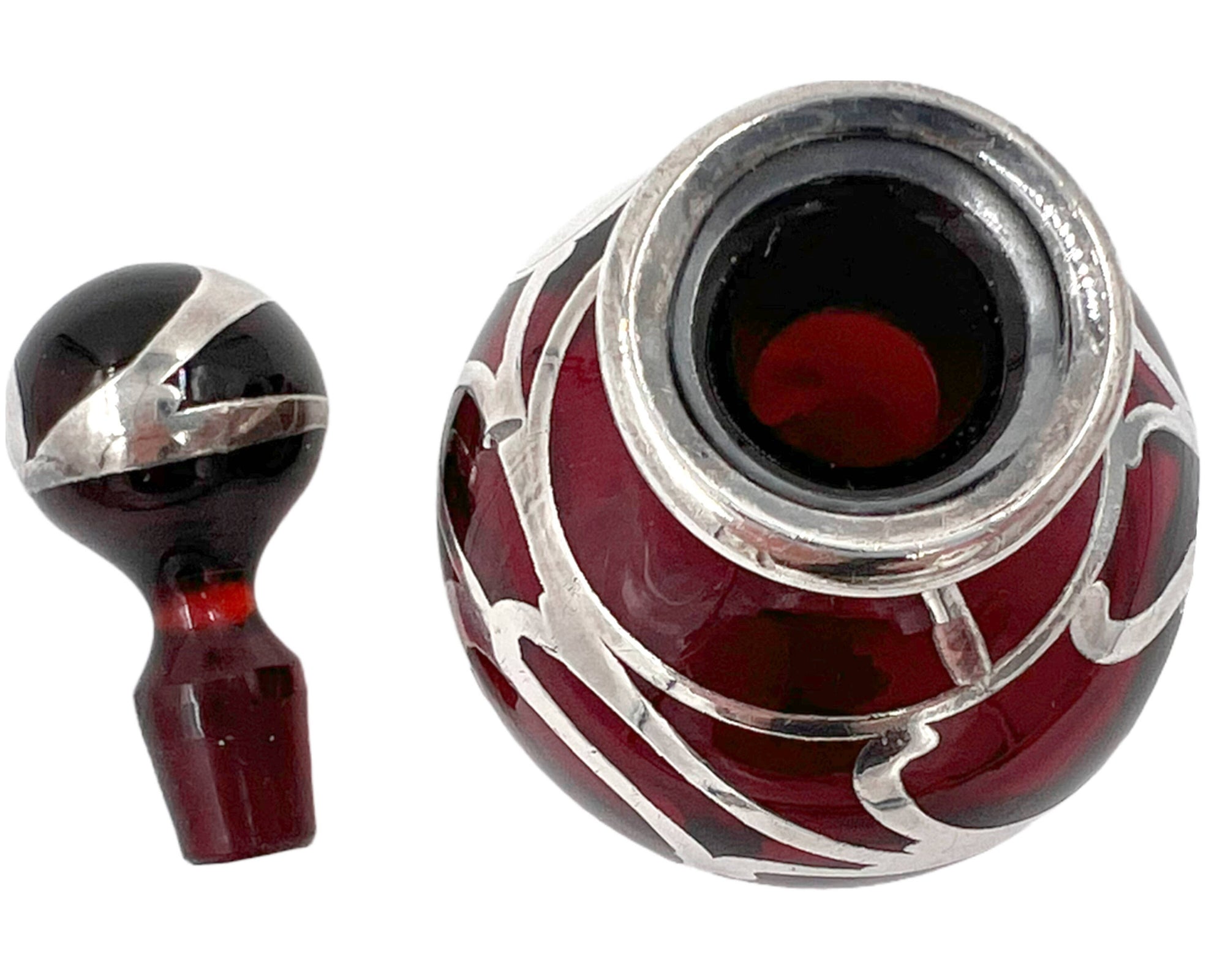 American Art Nouveau Perfume Bottle Steuben Red Glass w Sterling Silver Overlay Alvin Mfg - Poppy's Vintage Clothing