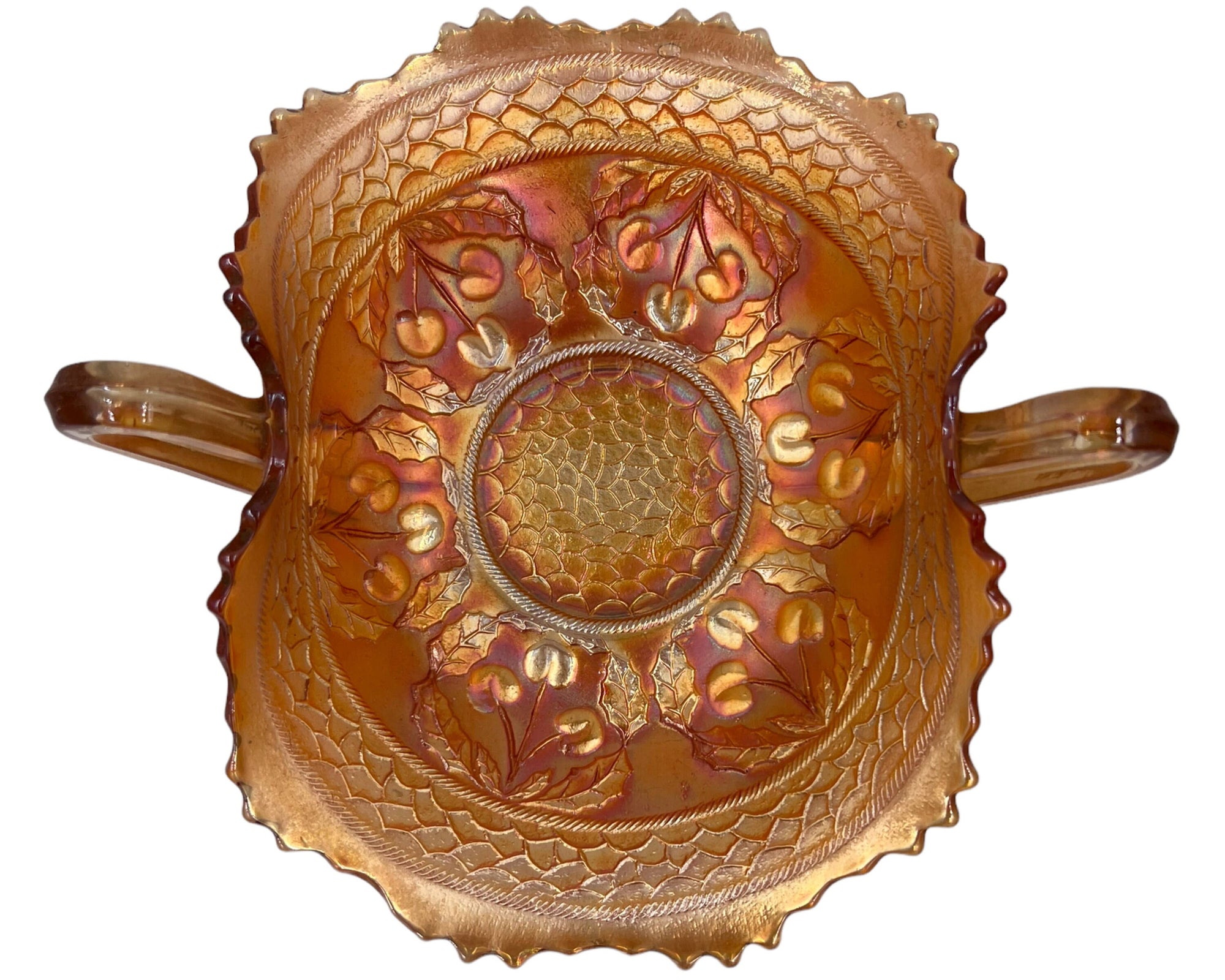 Antique Fenton Cherry Circles Carnival Glass 2 Handled Candy Dish Card Tray Marigold - Poppy's Vintage Clothing