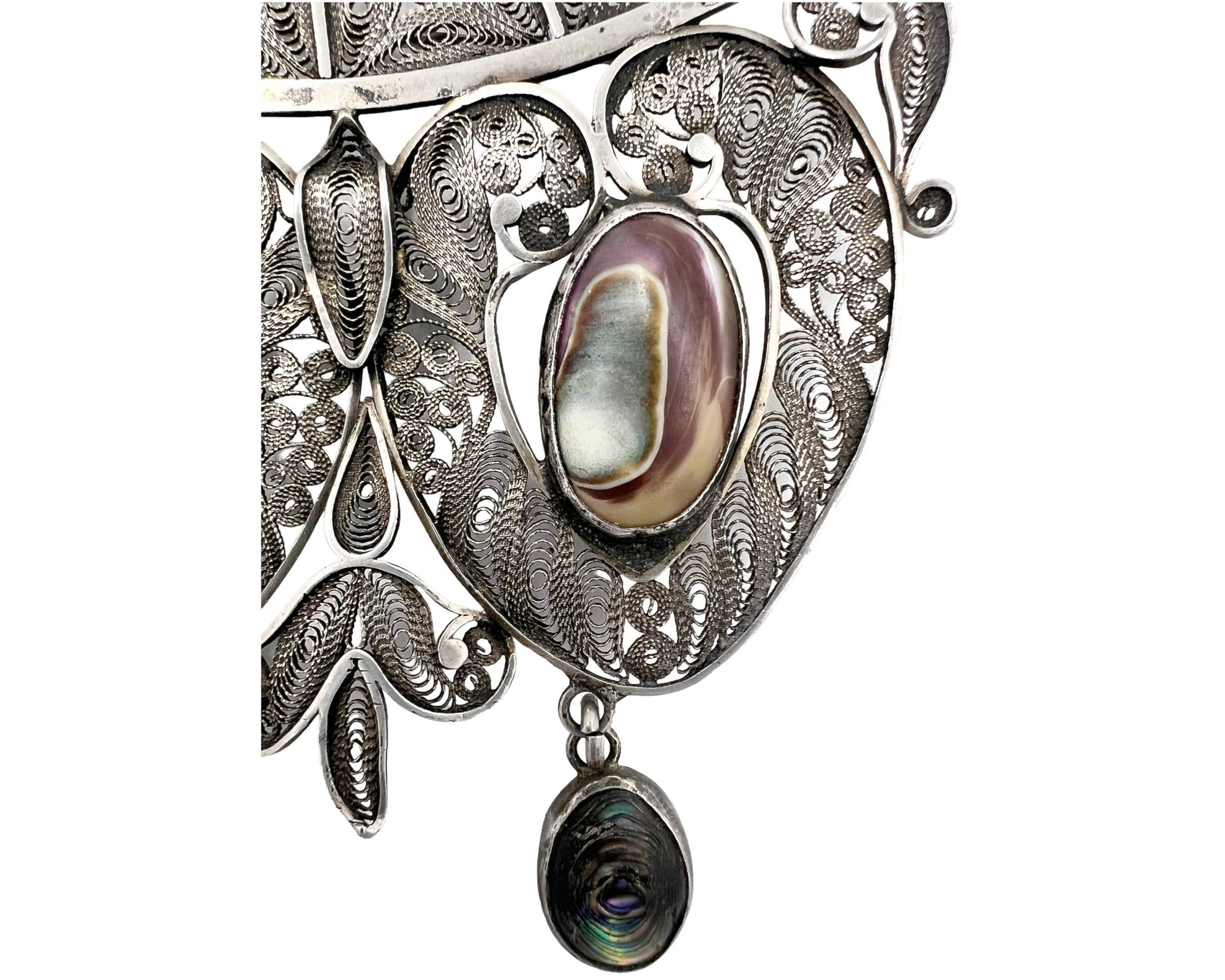 Large Vintage Silver Filigree Brooch w Abalone Drops Egyptian North African 4.13 - VFG - Poppy's Vintage Clothing