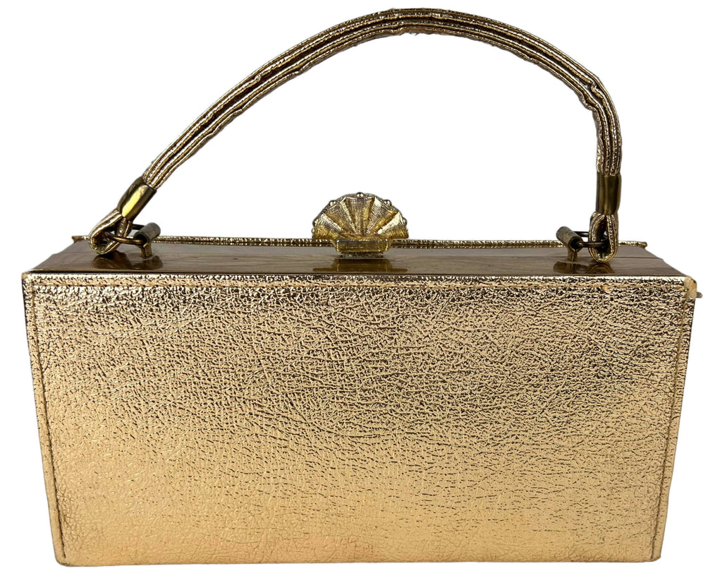 Vintage 1960s Evening Handbag Gold Metal & Vinyl Purse Made in USA - VFG - Poppy's Vintage Clothing
