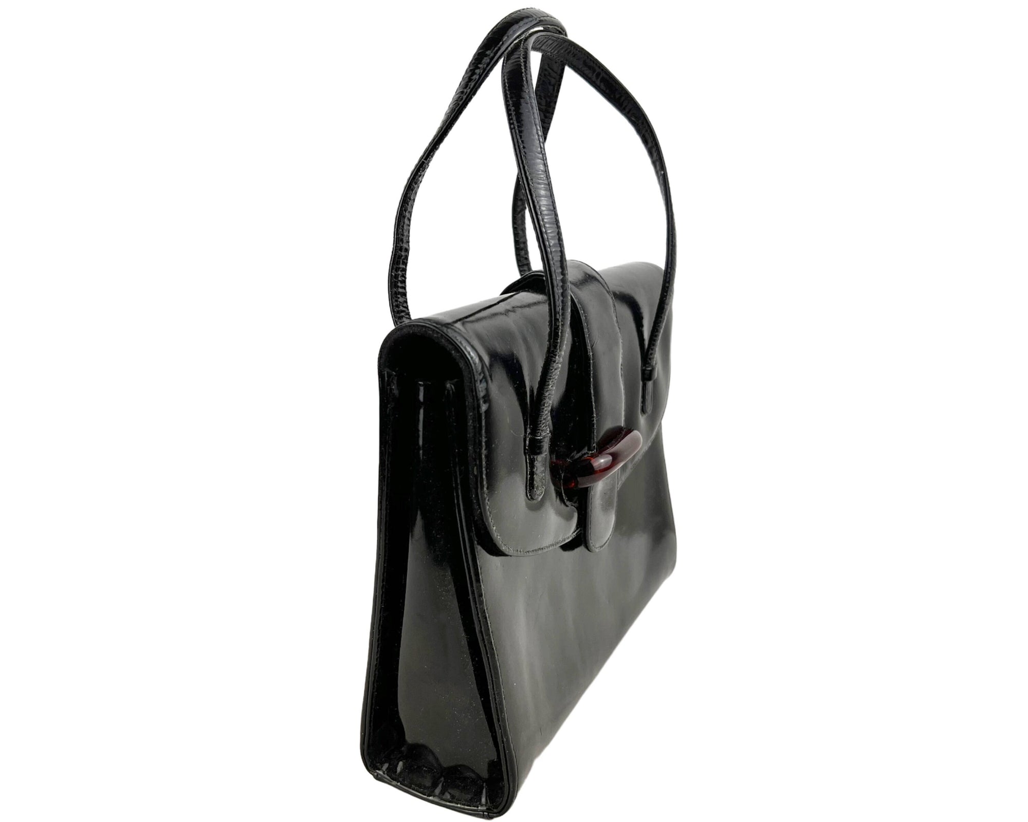 Vintage 1960s Italian Handbag Purse Black Patent Leather Mannelli Florence - VFG - Poppy's Vintage Clothing