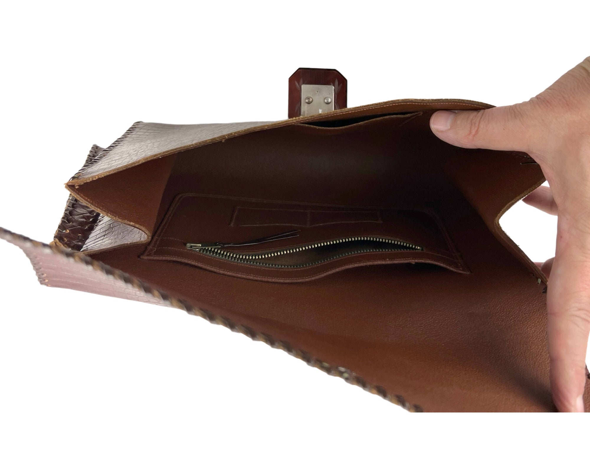 Vintage 1940s Clutch Purse Leather Handbag w Bakelite Type Clasp - VFG - Poppy's Vintage Clothing