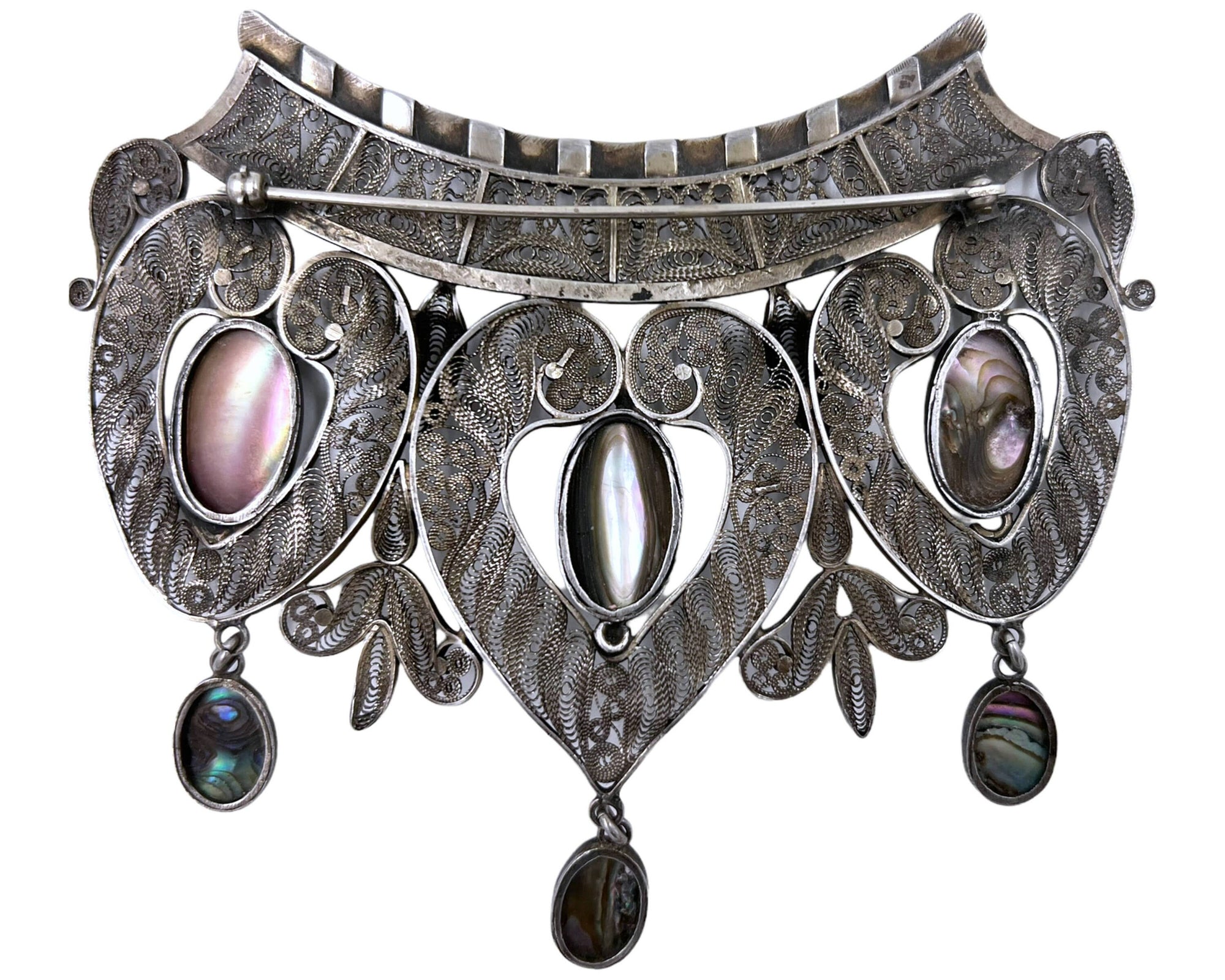 Large Vintage Silver Filigree Brooch w Abalone Drops Egyptian North African 4.13 - VFG - Poppy's Vintage Clothing