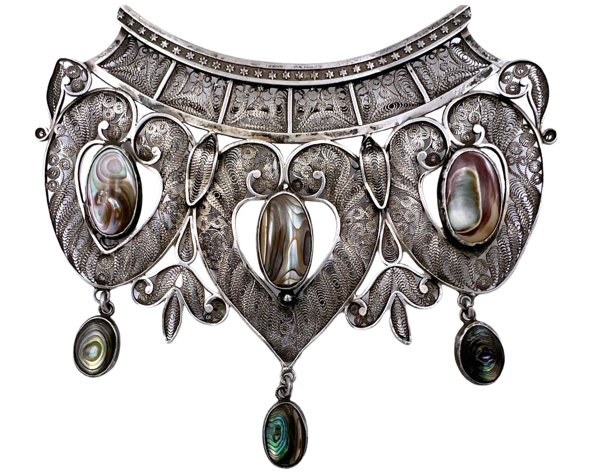Large Vintage Silver Filigree Brooch w Abalone Drops Egyptian North African 4.13 - VFG - Poppy's Vintage Clothing