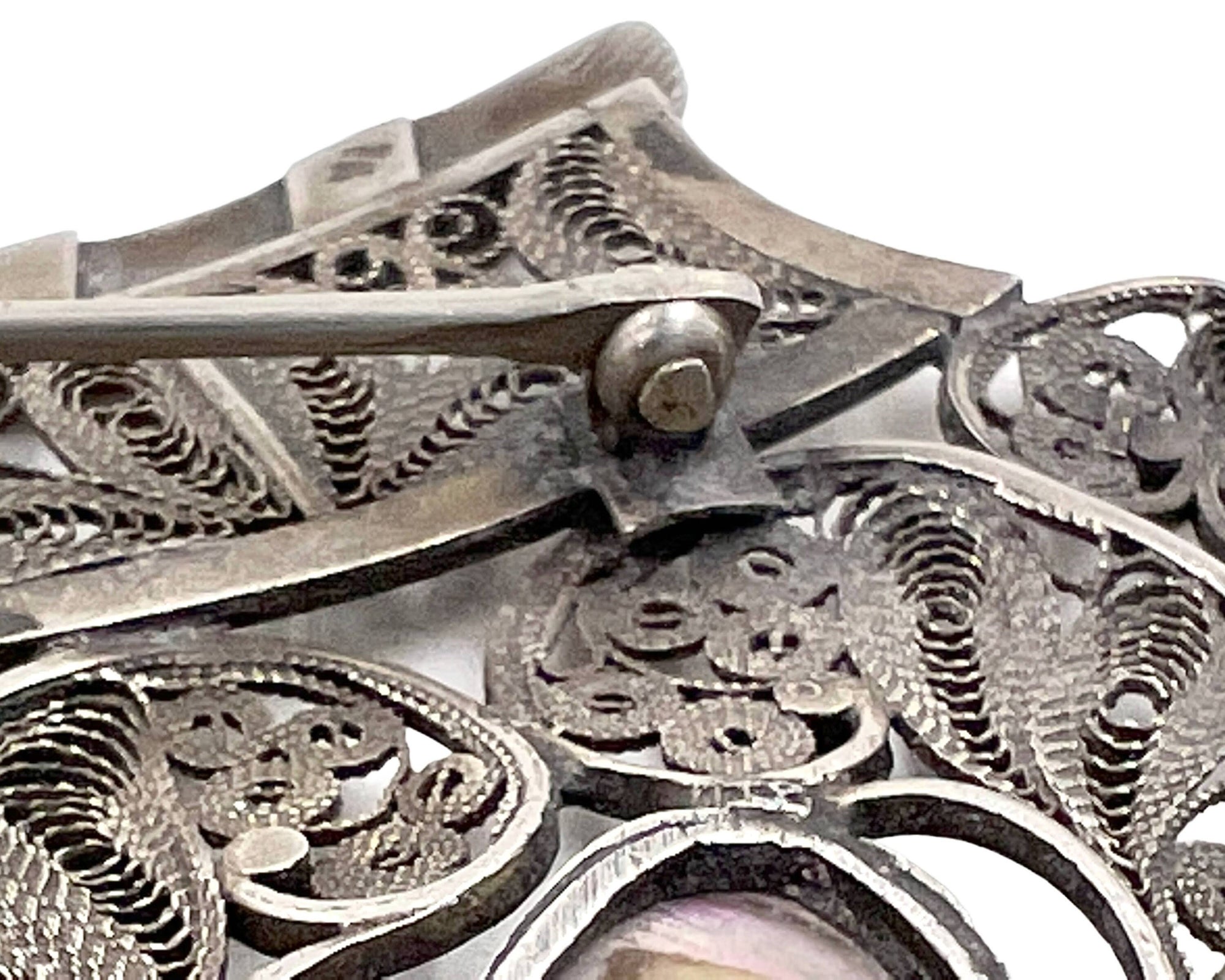 Large Vintage Silver Filigree Brooch w Abalone Drops Egyptian North African 4.13 - VFG - Poppy's Vintage Clothing