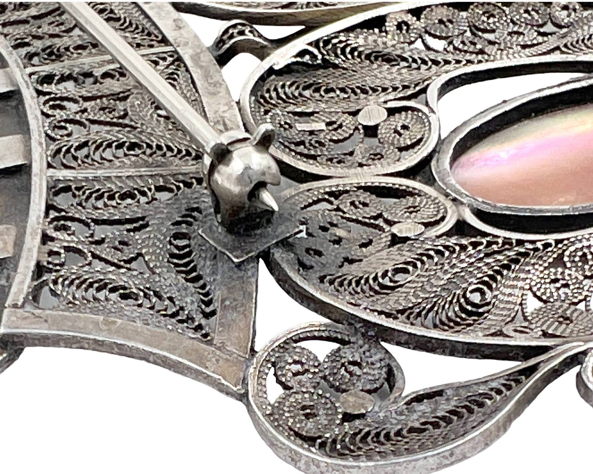 Large Vintage Silver Filigree Brooch w Abalone Drops Egyptian North African 4.13 - VFG - Poppy's Vintage Clothing