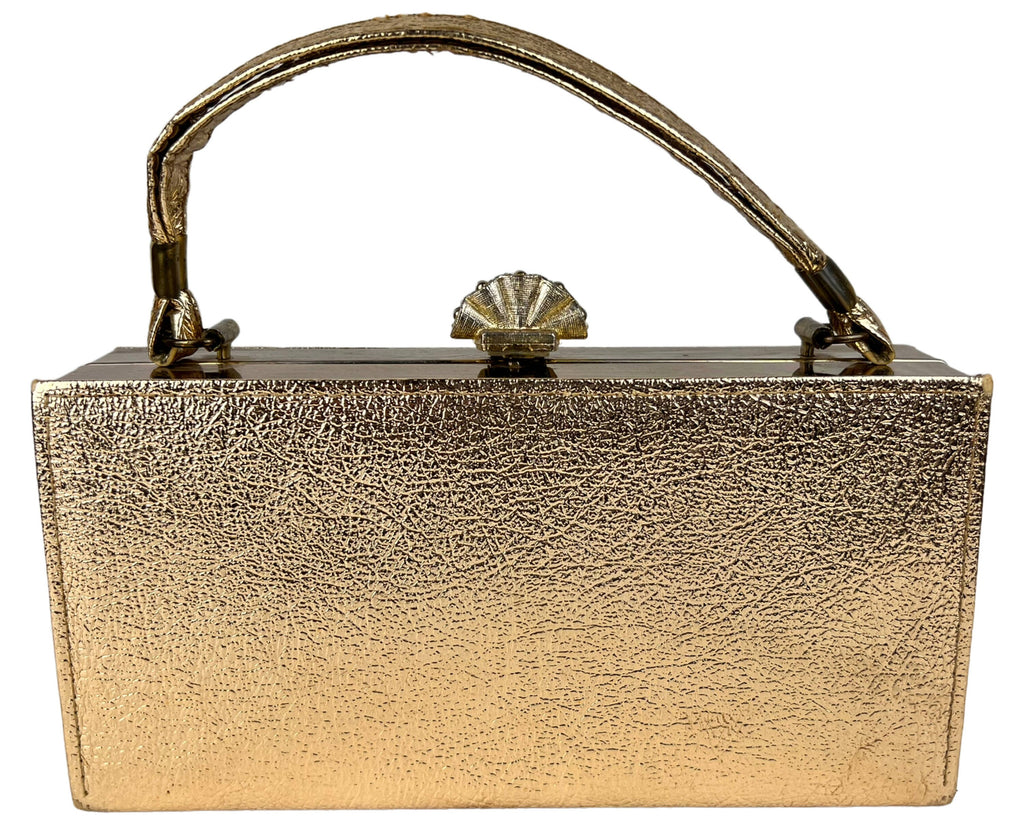 Vintage 1960s Evening Handbag Gold Metal & Vinyl Purse Made in USA - VFG - Poppy's Vintage Clothing