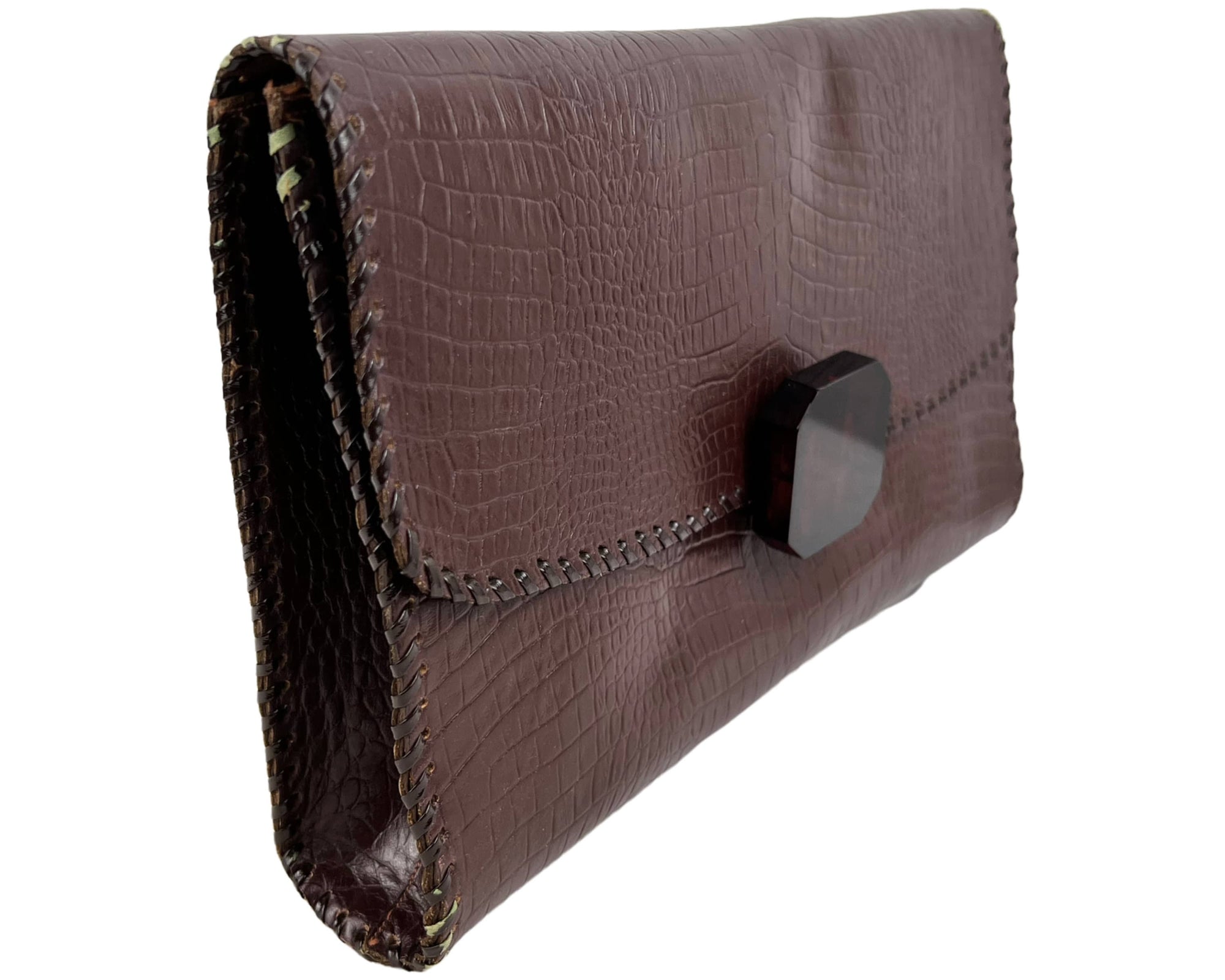 Vintage 1940s Clutch Purse Leather Handbag w Bakelite Type Clasp - VFG - Poppy's Vintage Clothing