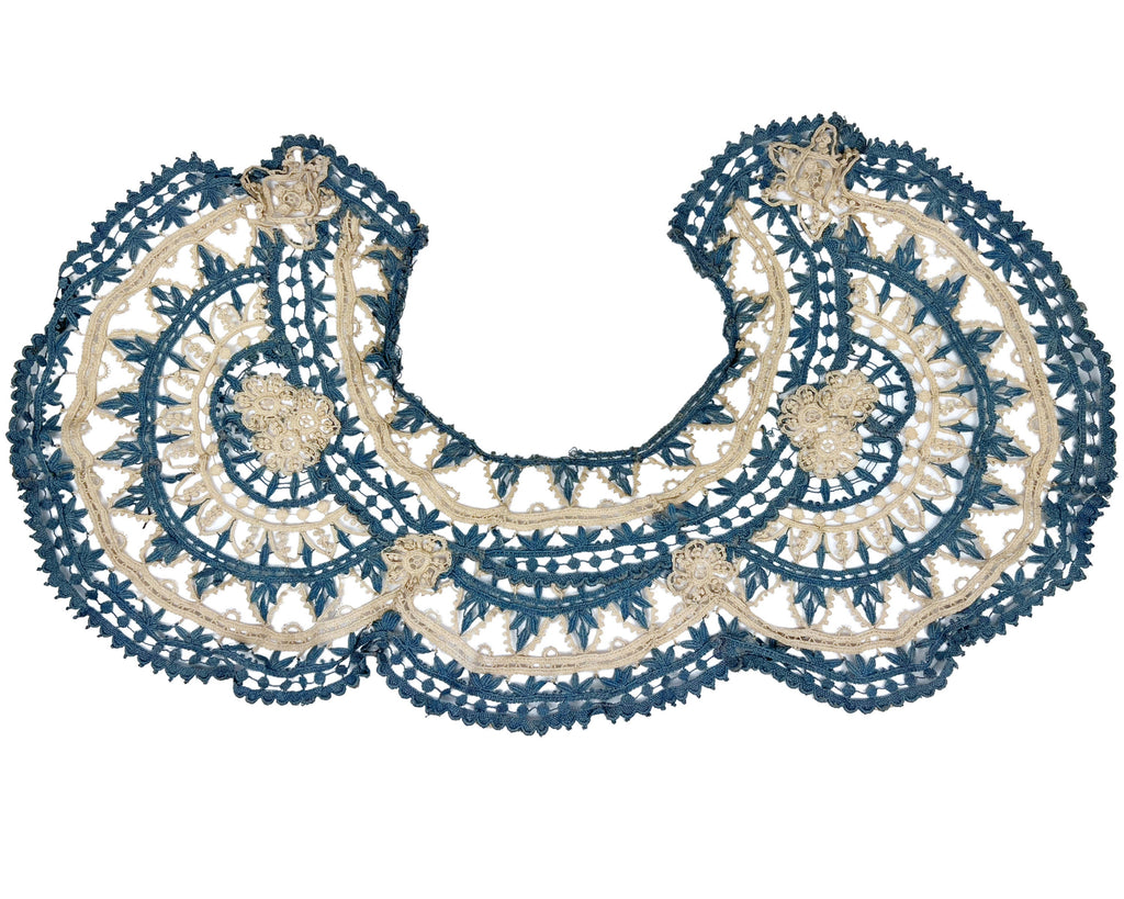 Large Antique Victorian Lace Collar Hand Made Blue & Ecru Bedfordshire ? - Poppy's Vintage Clothing