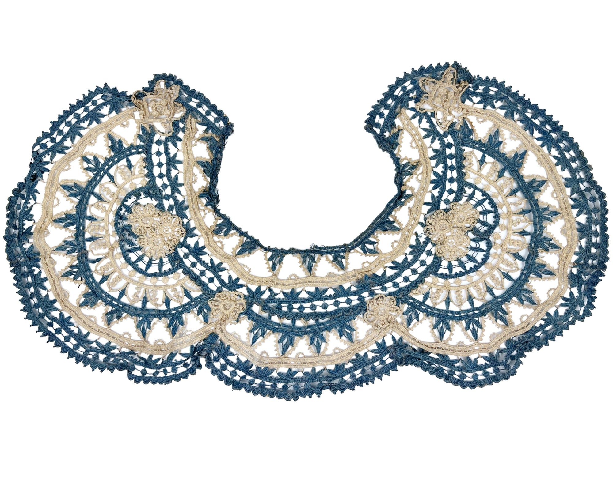 Large Antique Victorian Lace Collar Hand Made Blue & Ecru Bedfordshire ? - Poppy's Vintage Clothing