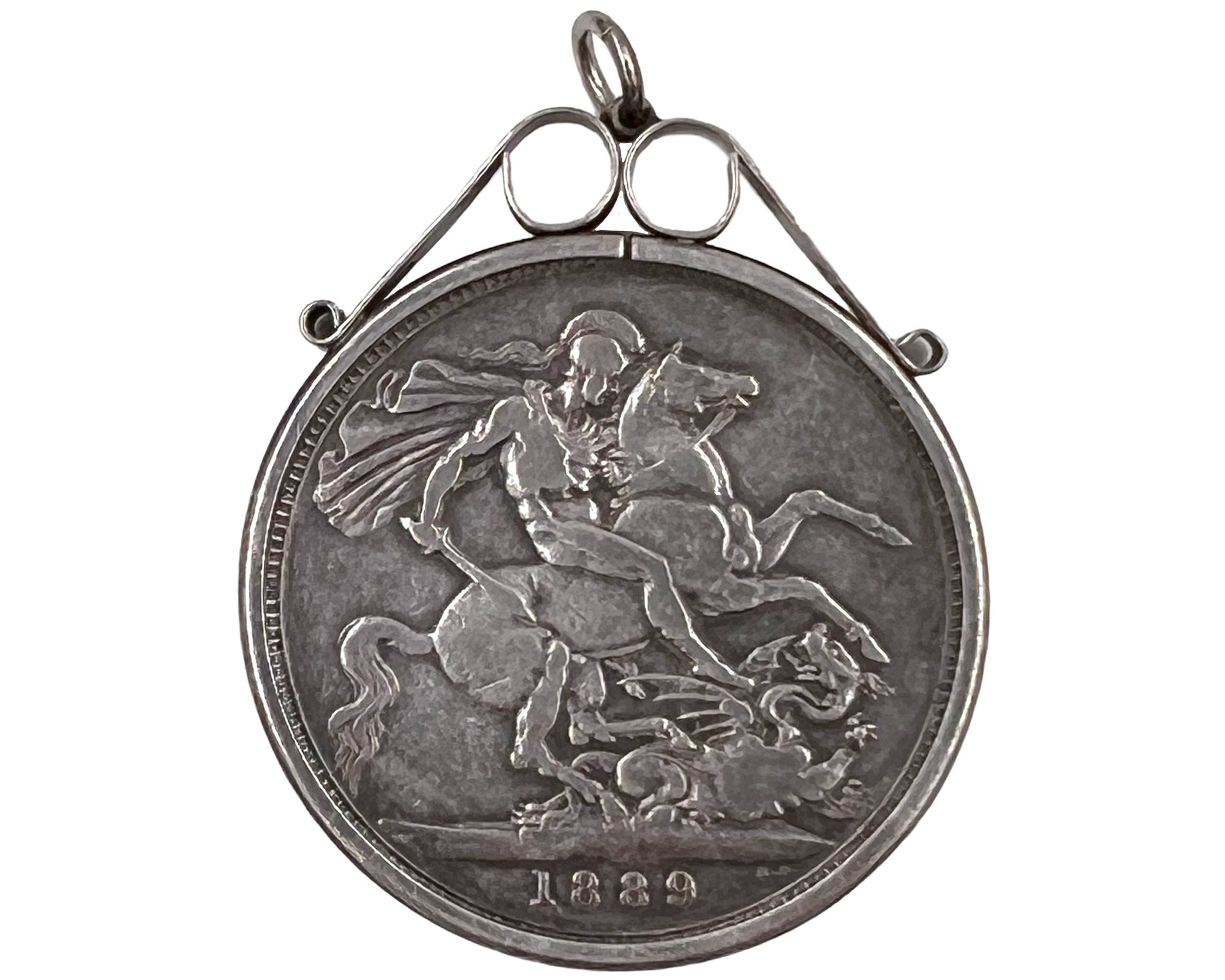 1889 Victoria Jubilee Silver Crown Coin in Pendant Holder United Kingdom - Poppy's Vintage Clothing