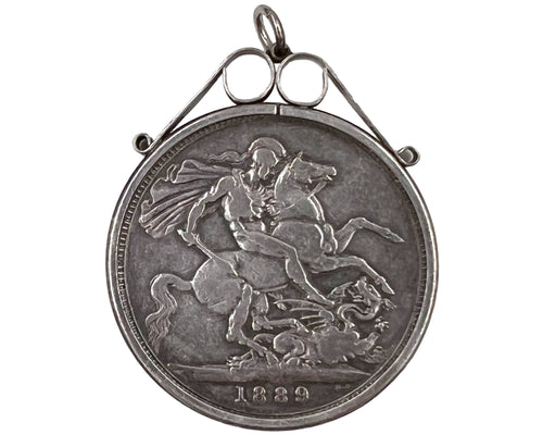 1889 Victoria Jubilee Silver Crown Coin in Pendant Holder United Kingdom - Poppy's Vintage Clothing