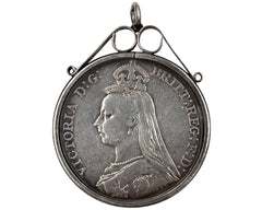 1889 Victoria Jubilee Silver Crown Coin in Pendant Holder United Kingdom - Poppy's Vintage Clothing