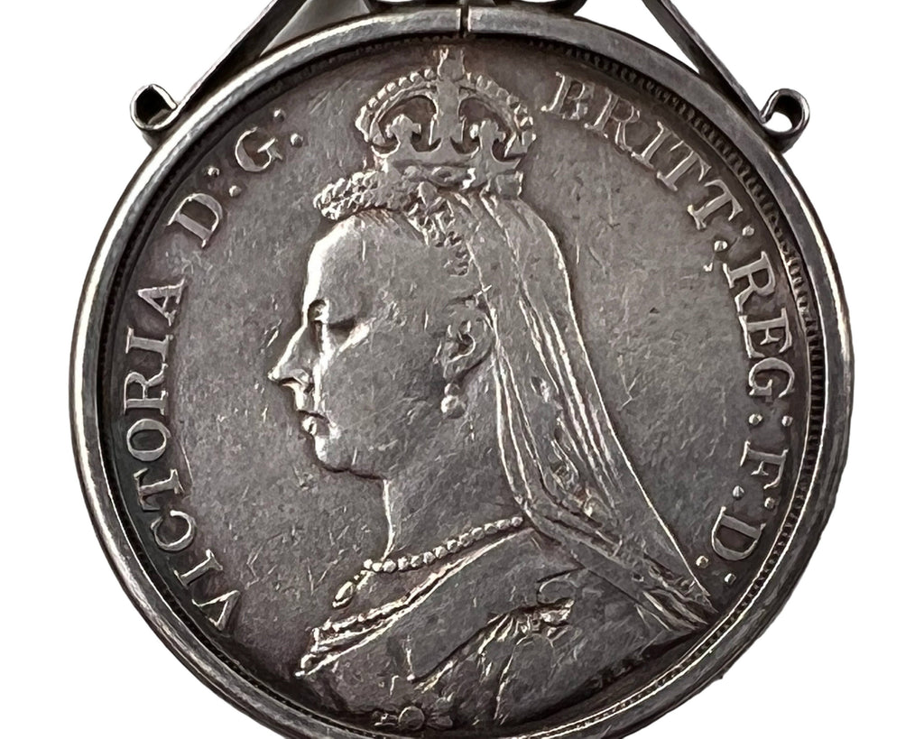 1889 Victoria Jubilee Silver Crown Coin in Pendant Holder United Kingdom - Poppy's Vintage Clothing