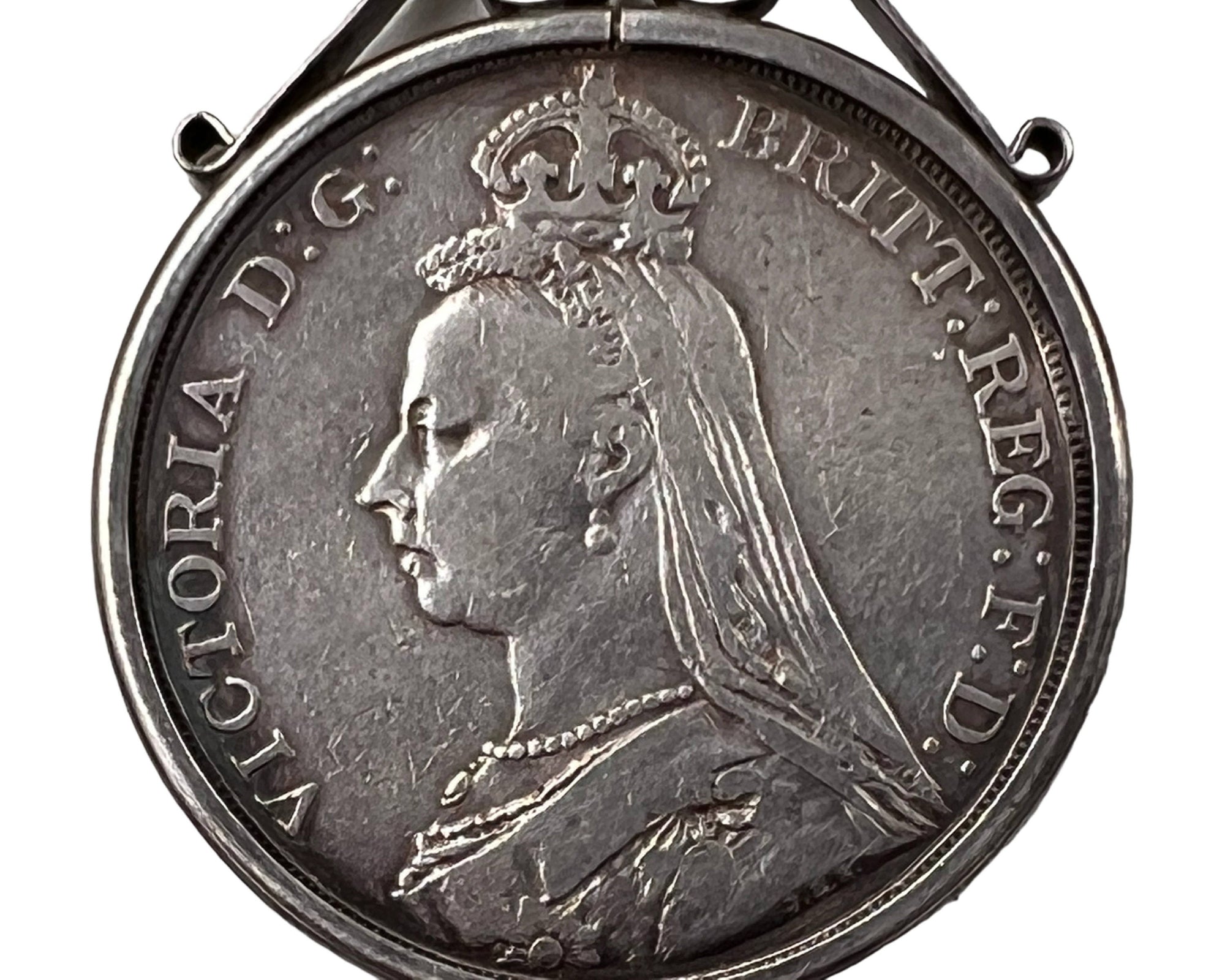 1889 Victoria Jubilee Silver Crown Coin in Pendant Holder United Kingdom - Poppy's Vintage Clothing