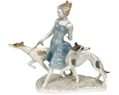 Large Vintage 1940s Hutschenreuther Porcelain Figurine Girl w Greyhounds K Tutter - Poppy's Vintage Clothing