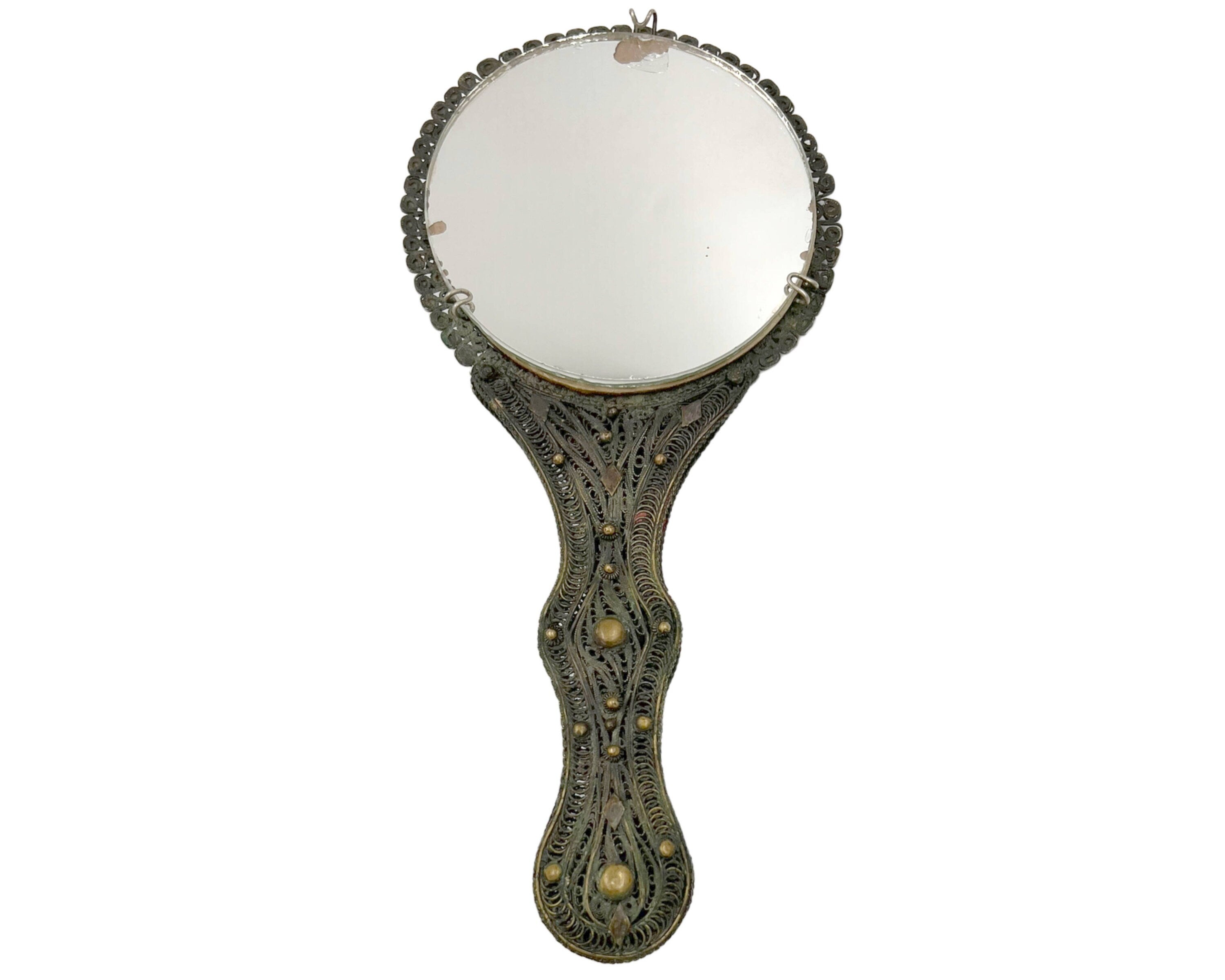 Antique Greek Patinated Silver Filigree Hand Mirror w Bronze