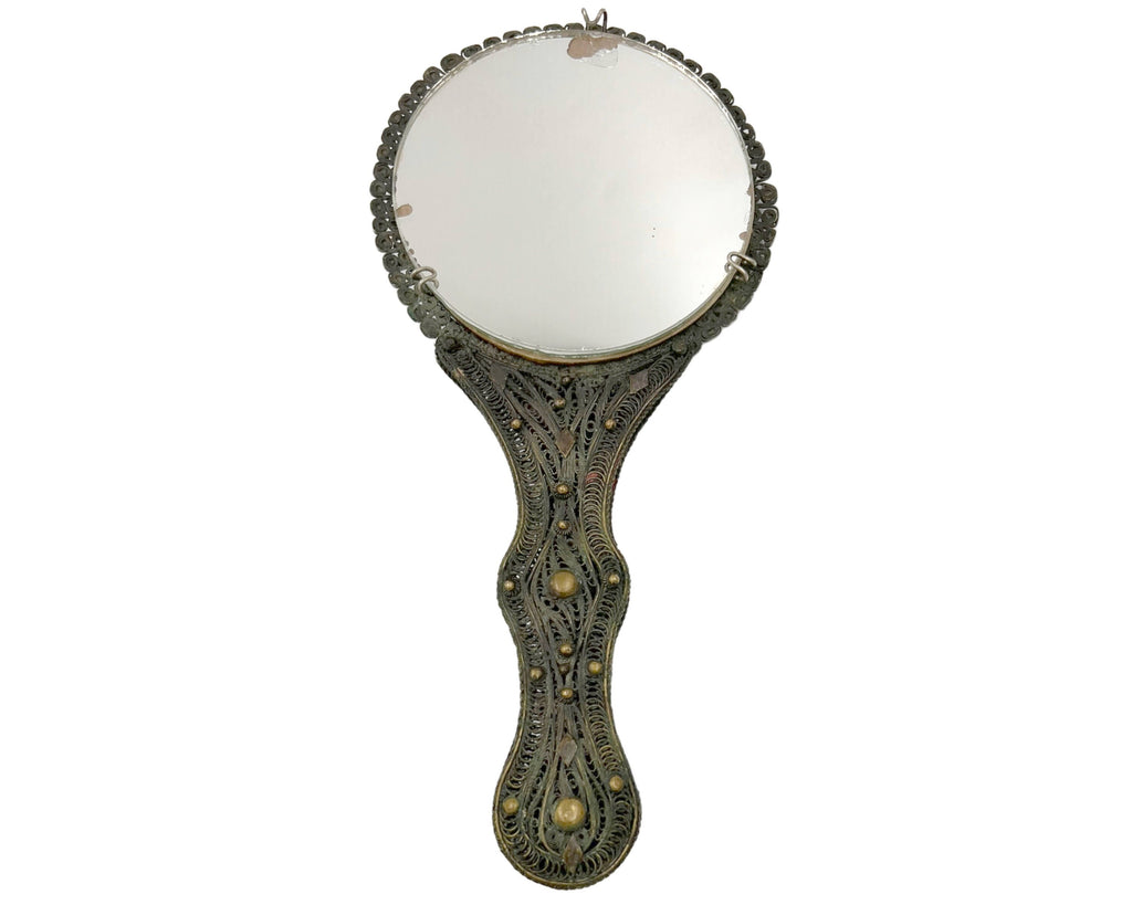 Antique Greek Patinated Silver Filigree Hand Mirror w Bronze Handle 19th c - Poppy's Vintage Clothing