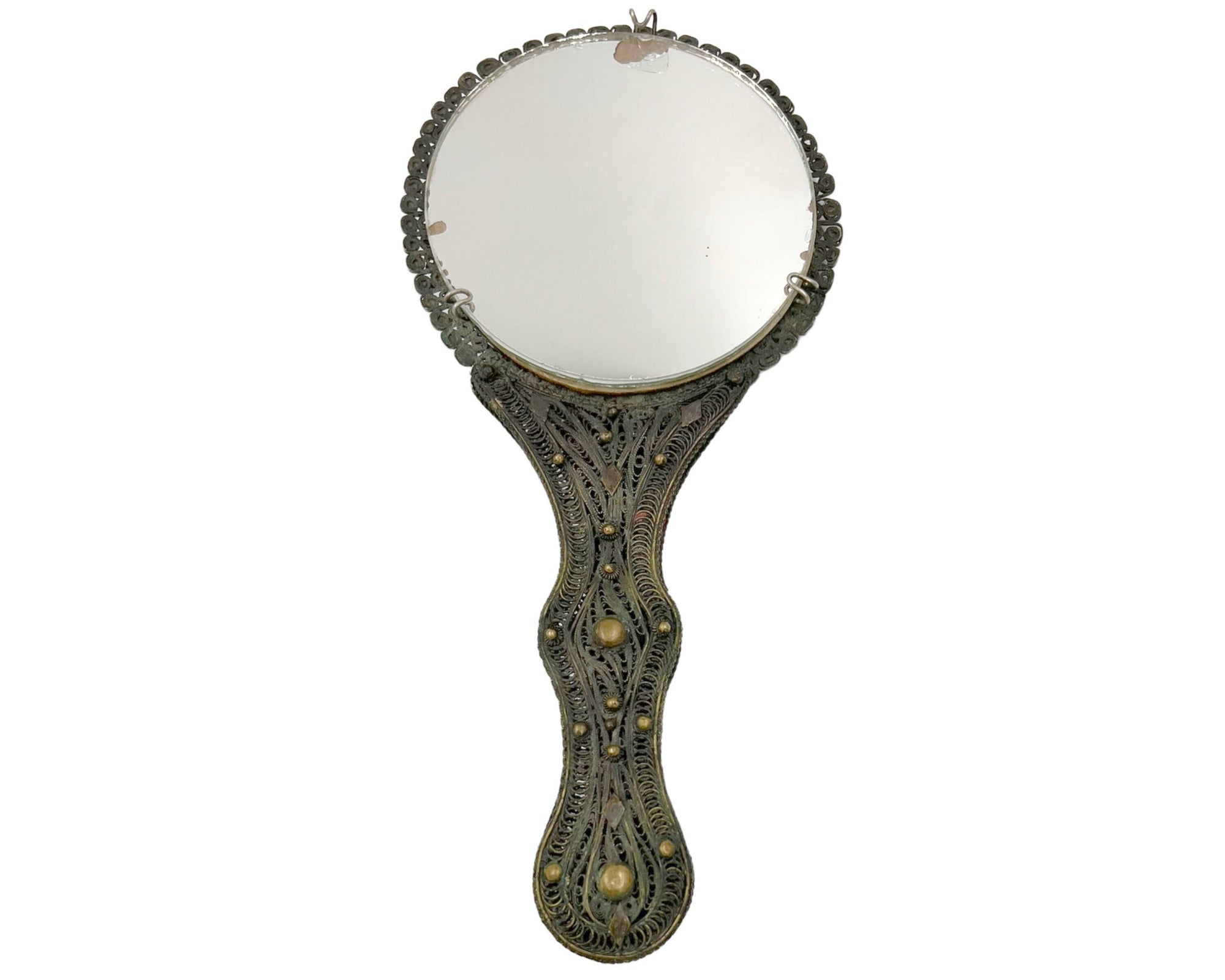 Antique Greek Patinated Silver Filigree Hand Mirror w Bronze Handle 19th c - Poppy's Vintage Clothing