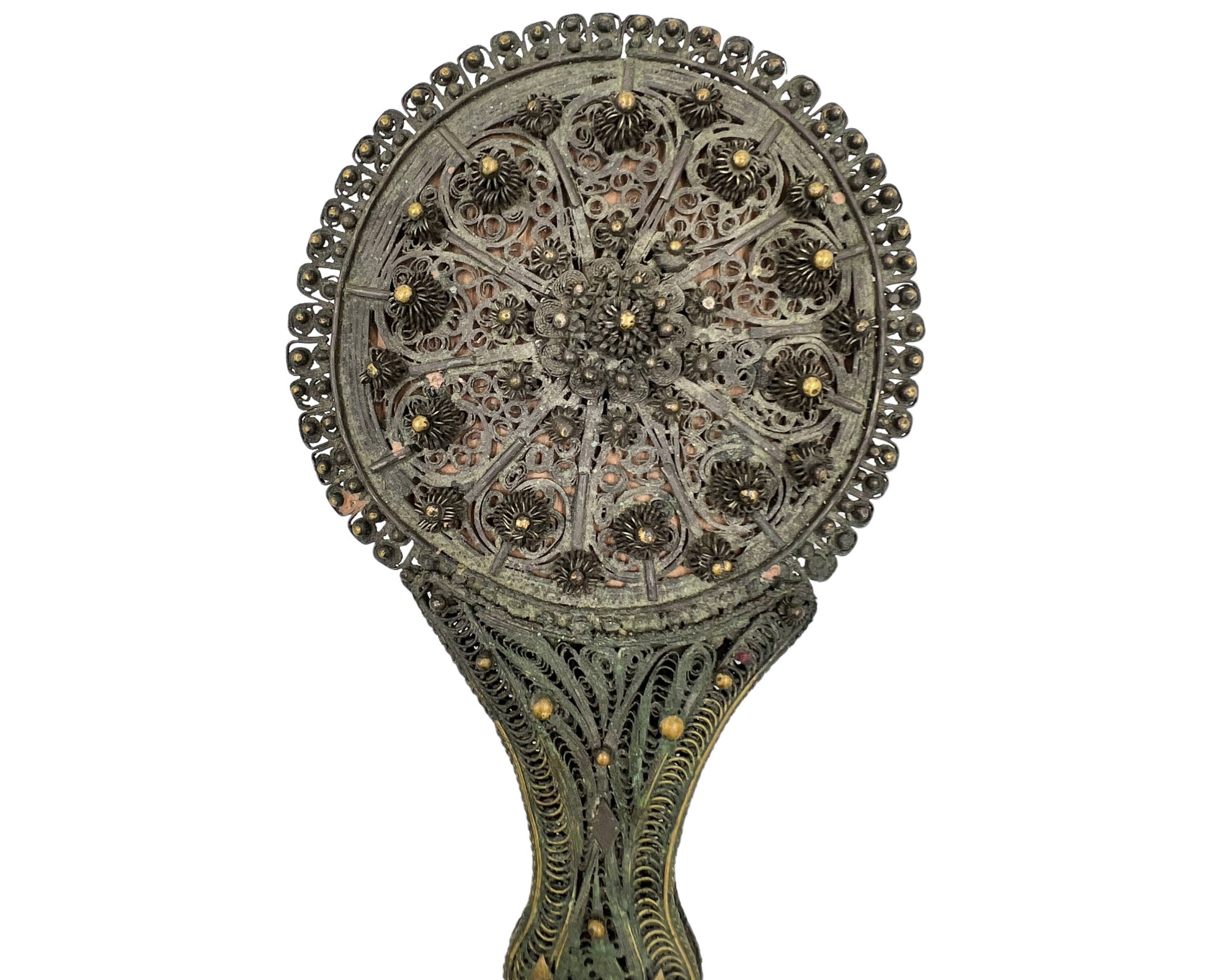 Antique Greek Patinated Silver Filigree Hand Mirror w Bronze Handle 19th c - Poppy's Vintage Clothing