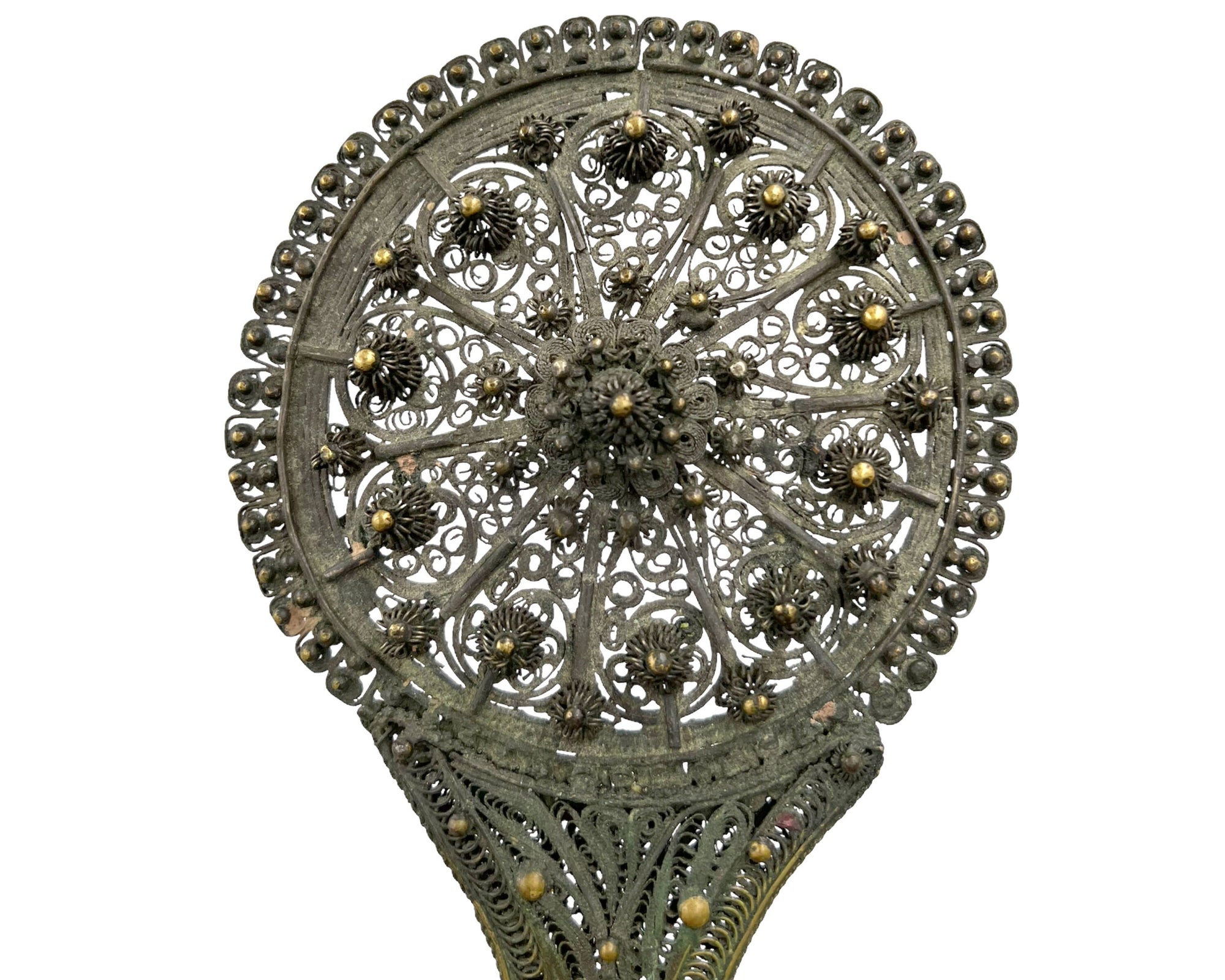 Antique Greek Patinated Silver Filigree Hand Mirror w Bronze Handle 19th c - Poppy's Vintage Clothing